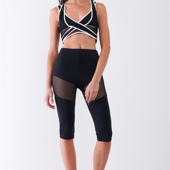 Black High Waist Sheer Mesh Sports Midi Legging Pants - Picture 3 of 3